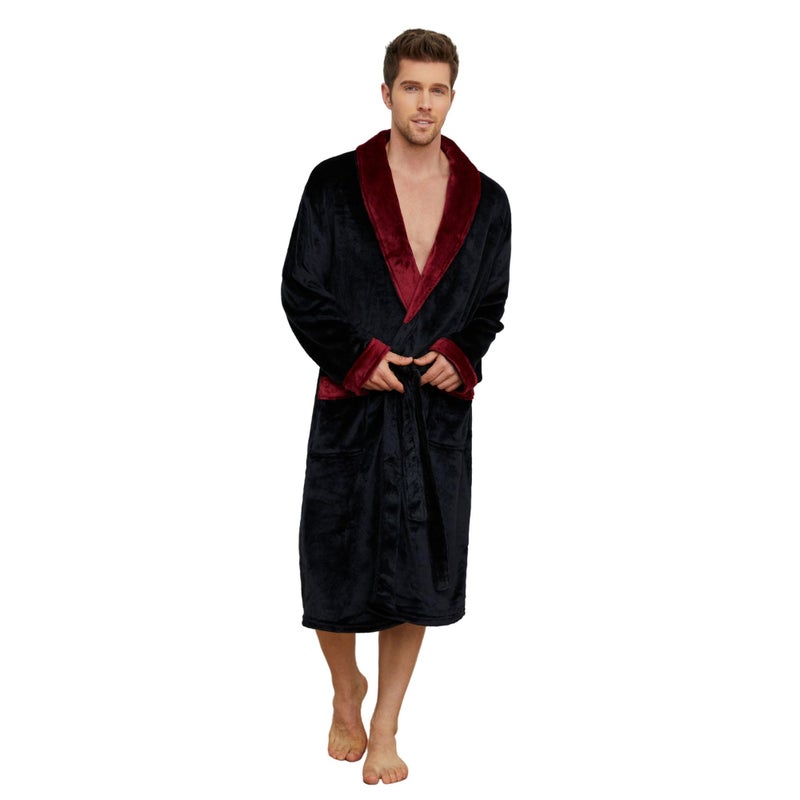 U2SKIIN Mens Fleece Robe Plush Collar Shawl Bathrobe(Black/Dark Red,2XL/3XL) - Image 1